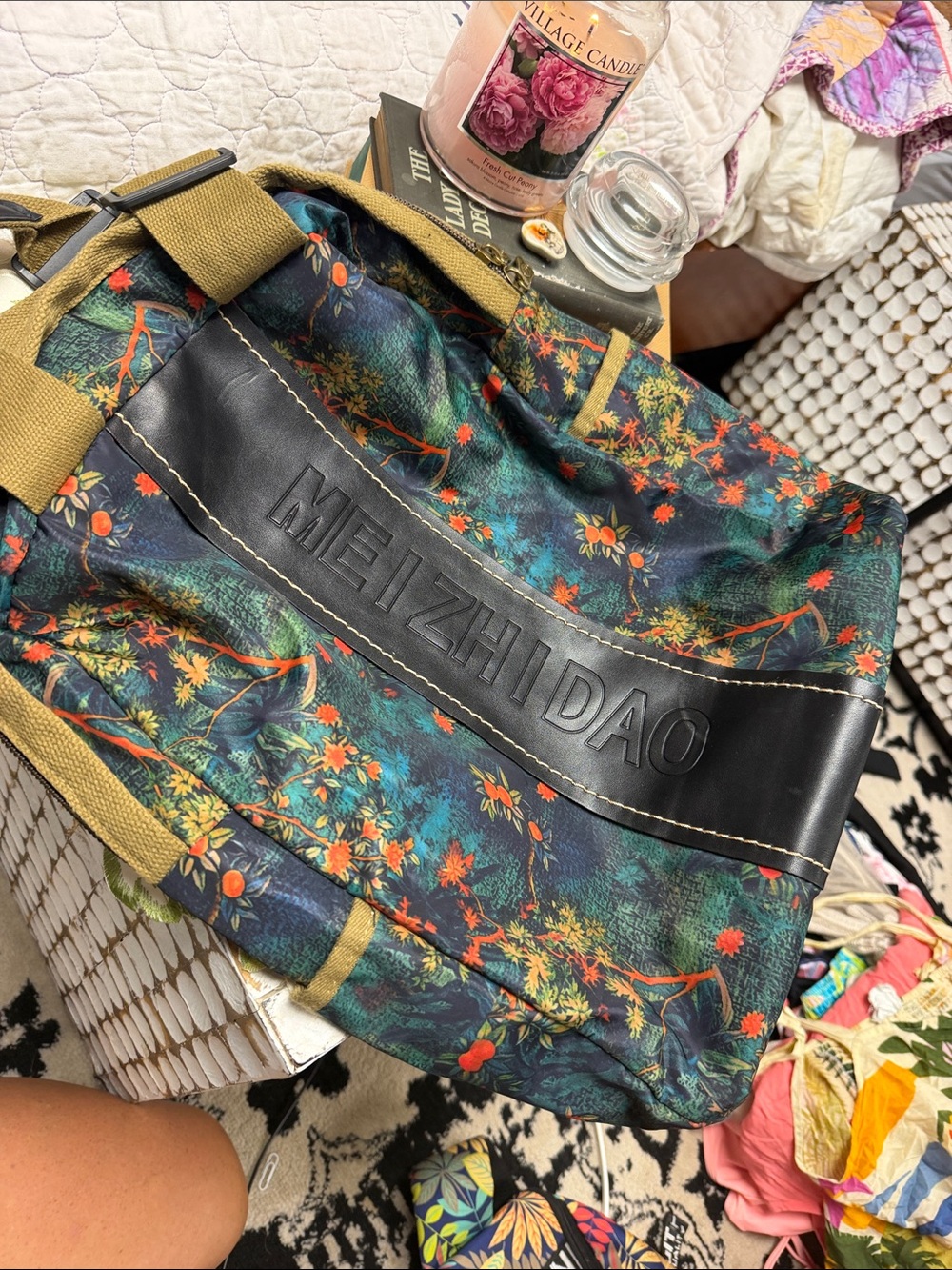 Floral Green Women's Backpack with Tan Straps